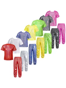 Kids Outfits Solid Color Outfit Short Sleeve Set Jazz Dancewear Metallic Shiny - Picture 1 of 70