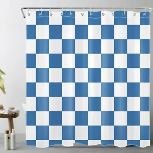 Blue and White Checkered Shower Curtain for Bathroom Aesthetic Checked Grid P... - Picture 1 of 7