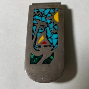 Sterling Silver Money Clip Mexico Turquoise or Lapis inlaid Palm Tree Boat Sun - Picture 1 of 6