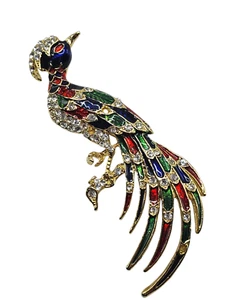 Large Vintage Bird of Paradise Peacock Phoenix Pin Brooch Rhinestone Red Green - Picture 1 of 2