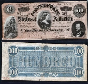 $100 Note Richmond Confederate States 1864 T-65 PF-1 CR-493 US Obsolete Currency - Picture 1 of 1