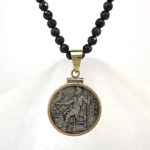 Zeus/Heracles Drachm Coin Framed in 14 Karat Gold w Sapphire & Garnet Necklace - Imagen 1 de 21