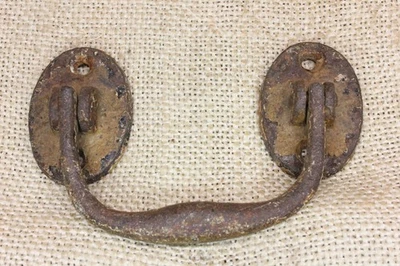 Old Drop Handle Drawer Pull Furniture Oval Rustic Paint 4" Iron Vintage 1800’s - Image 1 of 4