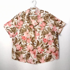 Alfred Dunner Floral Button Up Shirt Brown/Pink Size 18W Women's Short Sleeve - Picture 1 of 12