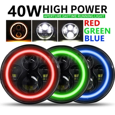 Pair 7 Inch Round LED Headlights Angle Eyes Halo Fit Jeep Wrangler JK LJ TJ CJ - Image 1 of 4