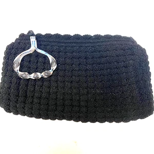 1940s Vtg Black Crochet Heart Shape Clutch Bag /Lucite Handle/&Zipper Pull - Picture 1 of 5