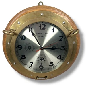 Antique Marine Corps Ship Porthole Analog Solid Brass and Wood Wall Clock Quartz - Picture 1 of 11