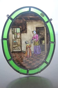 Small Oval Antique Hand Painted & Stained Glass Panel  "Mother & Daughter" - Picture 1 of 17