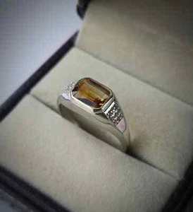 Solid 925 Sterling Silver Yellow Sapphire &Pave Diamond Ring Men's Ring Gift - Picture 1 of 9
