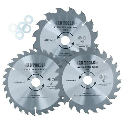 AB TOOLS 3 Stück 150 mm TCT Kreissägeblätter 16/24/30 TPI & Adapterringe Reduzierstück...