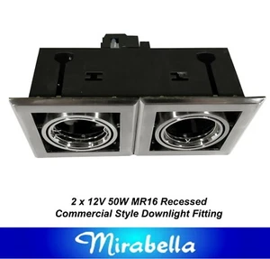 Double 12V MR16 Recessed Gimble Downlight Fitting Satin Chrome Gimbal Rectangle - Picture 1 of 8