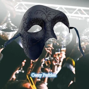 C22 Phantom Men Women Masquerade Mardi Gras Venetian Costume Mask Glitter Black - Picture 1 of 10
