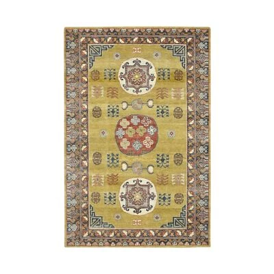6'1"x9'4" Yellow Khotan Influence Distressed Hand Knotted 100% Wool Rug R75572 - Image 1 of 4