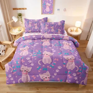 5 Piece Girls Cat Comforter Set Twin Size Bed in a Bag Pink Cute Cartoon Cats Be - Picture 1 of 12