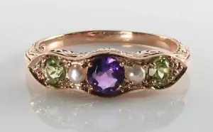 SUFFRAGETTE 9K 9CT ROSE GOLD  AMETHYST PERIDOT PEARL ETERNITY ART DECO INS RING - Picture 1 of 5