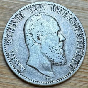 TRES BELLE PIECE DE 2 MARK EN ARGENT 1877 F KARL WURTTEMBERG (1259) RECHERCHÉE - Picture 1 of 2