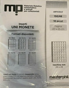 10 PAGINE BORDO RINFORZATO BUSTE FOGLI X ALBUM PORTA MONETE A 48 TASCHE 29X29MM - Foto 1 di 2