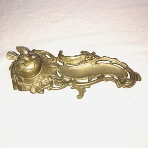 Antique Ornate Brass Inkwell Bird Nest Opens Hinged Lid w/Porcelain Insert - Picture 1 of 14