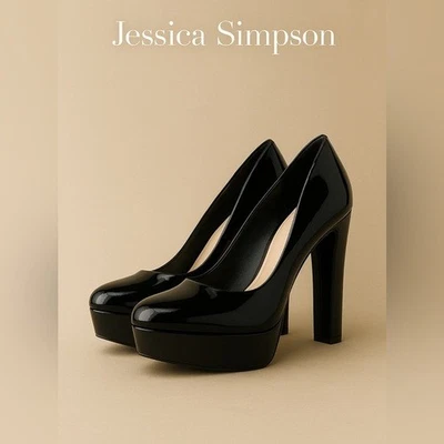 Bombas plataforma Jessica Simpson Dylexi preto patenteado tamanho 9M/40 novas sem caixa biqueira amêndoa - Imagem 1 de 4