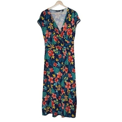 Lands End Faux Wrap Tropical Hawaiian Floral Stretch Maxi Dress Size LP Colorful - Image 1 of 4