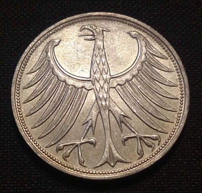 Moneda mundial de plata águila estándar 1966 f Alemania 5 marcos elección au bu sin circular Foto 1 de 2