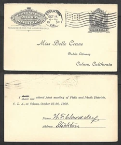 1909 Postal Stationery Postcard - Stockton, California Flag Cancel - Picture 1 of 1