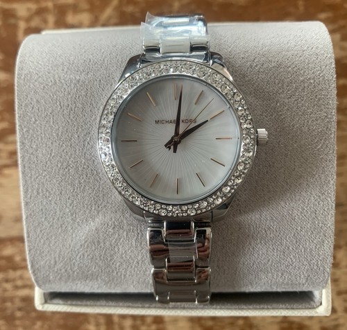 Orologio Michael Kors Liliane Donna Argento Glitz Bianco Oro Rosa Quadrante Mocio Cristalli