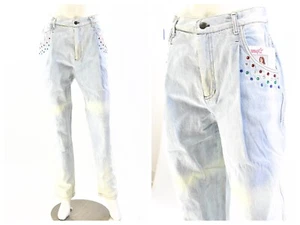 New 80s Vintage Light Bleach Wash Bejeweled Jeans High Waist Tapered Leg Womens - Picture 1 of 9