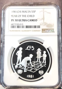 1981 MALTA SILVER 5 POUNDS YEAR OF THE CHILD NGC PF 70 ULTRA CAMEO PERFECT RARE - Picture 1 of 3