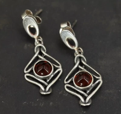 Vintage Sterling Silver Baltic Red Amber Drop Dangle Earrings Poland - Image 1 of 4