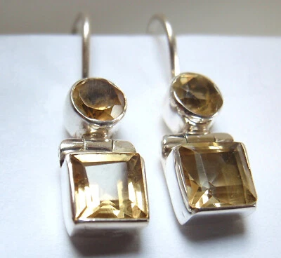 Faceted Citrine 925 Sterling Silver Circle Square Wire Back  Earrings - Image 1 of 4