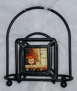 Cast Iron Napkin Holder Black with Design on Tile of Flowers in Vase - Picture 1 of 7