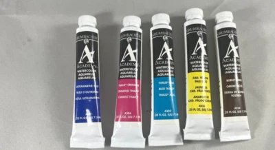 Lote de 5 pinturas acuarela Grumbacher Academy quemado ámbar azul amarillo carmesí azul Foto 1 de 4