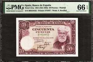 Spain 50 Pesetas 1951 (ND 1956) Serie (B) Pick-141a GEM UNC PMG 66 EPQ - Picture 1 of 2