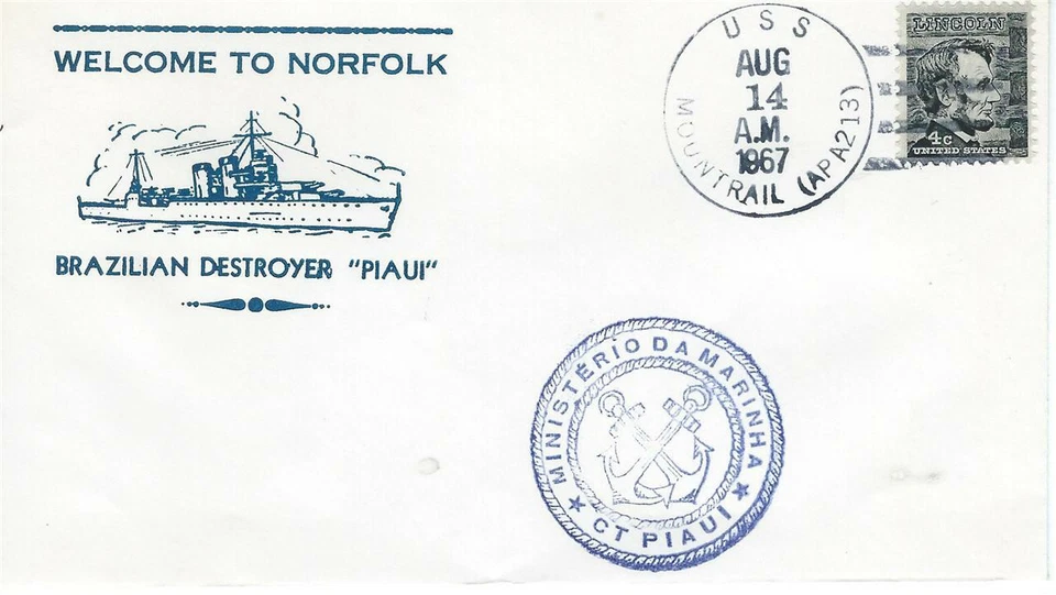 Destructor brasileño "Piaui" "Bienvenido a Norfolk" 14 de agosto de 1967 Nicholson Cachet Foto 1 de 1