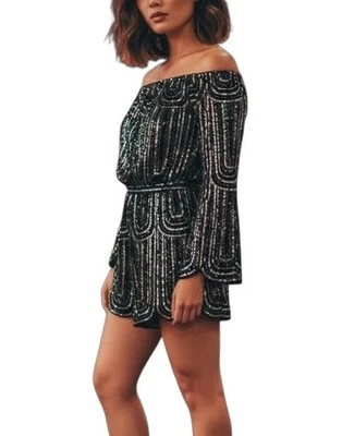 Mameluco de lentejuelas con hombros descubiertos manga campana negro brillante aleta de fiesta talla S Foto 1 de 4