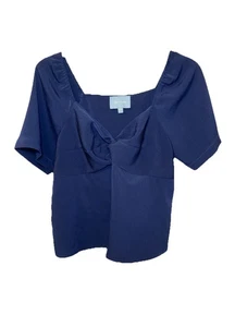 Skies Are Blue Women's MEDIUM Short Sleeve Cropped Twist Front Blouse Navy Blue - Picture 1 of 9