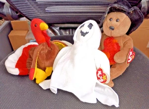 Halloween  Sheets the Ghost and Thanksgiving Pilgrim and Turkey Beanie Babies - Picture 1 of 13