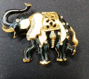Womens Jeweled Black Enamel Elephant Brooch Pin Jewelry Gold Tone - Picture 1 of 4