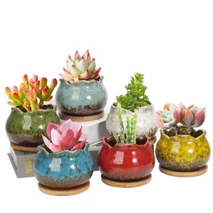 Succulent Pots 4 Inch Ceramic Plant Pots and Drainage Hole with Bamboo Tray - Picture 1 of 7