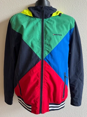 Vintage 90s Tommy Hilfiger Color Block Hooded Windbreaker Jacket Mens Large EUC - Image 1 of 4