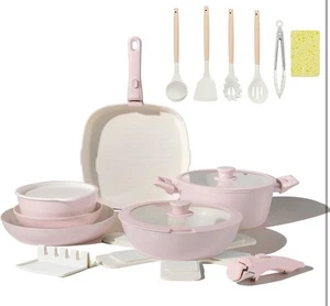 23pc Nonstick Ceramic Cookware Set – Pink Pots Pans w/ Detachable Handle - Picture 1 of 7