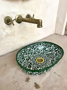 30cm / 11.8 in, Ceramic Sink for Bathroom & Kitchen, Oval Green Arabesque Sink - Picture 1 of 6