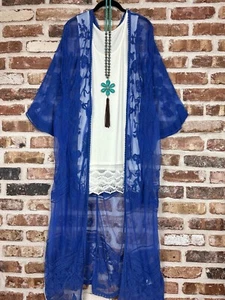 Plus Size Boho Floral Embroidered Maxi Kimono Cardigan Blue Duster - Picture 1 of 11