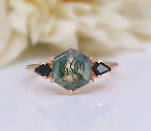 Anello di fidanzamento matrimonio in argento 925 placcato oro rosa 14 carati agata muschio esagonale - Foto 1 di 7
