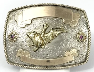 Vintage Montana Silversmiths Western Trophäe Bull Rider Gürtelschnalle mit Schmucksteinen #’d - Bild 1 von 3