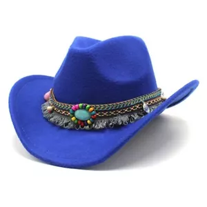 Blue Western Cowboy, Cowgirl Hat, Bead Tassle Strap, Men Women Retro Wide Brim - Picture 1 of 5