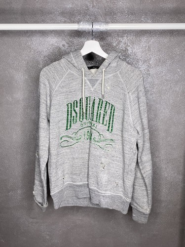 Felpa con cappuccio uomo Dsquared2 grigio invecchiato logo taglia S strappata