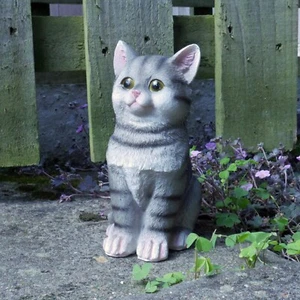 Kitten Sculpture Grey Tabby Cat Animal Ornament Home Garden Décor Statue UK Gift - Picture 1 of 8