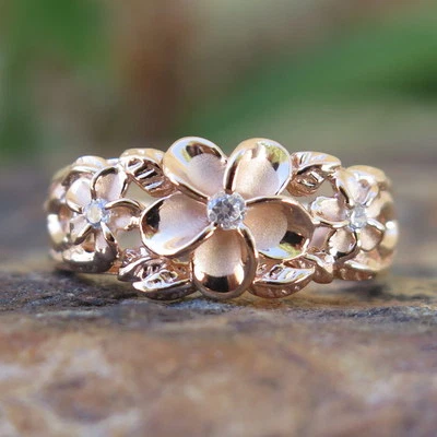Hawaiian Silver Pink Gold Three Plumerias Scroll CZ Wedding Ring Band 8mm SR3259 - Image 1 of 4